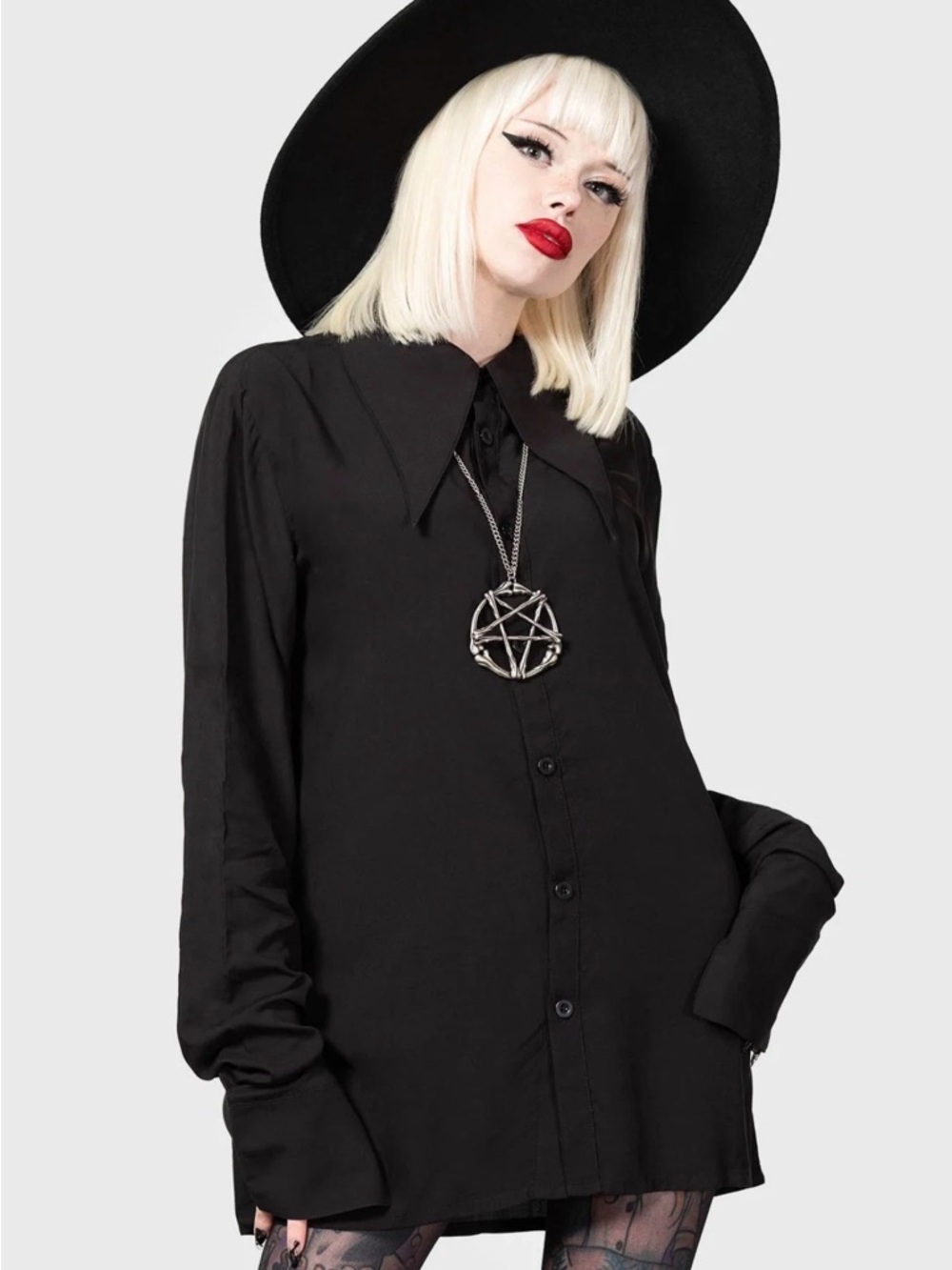 Killstar XXL PAIMON Black Button-Up Goth Oversized Blouse with Pointed Collar